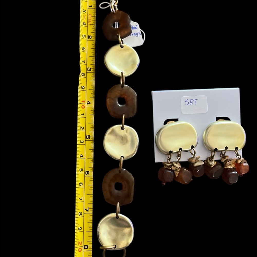 Vintage Matte Gold and Amber Colored Bracelet Clip OnEarrings Set by Lena Fiore - Picture 8 of 9
